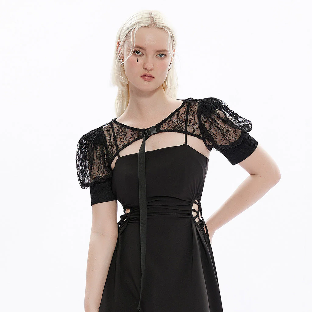 OPS-265QTF Gothic Lace Dress Cuffed Balloon Sleeves Crisscross Back Tie - Image 19