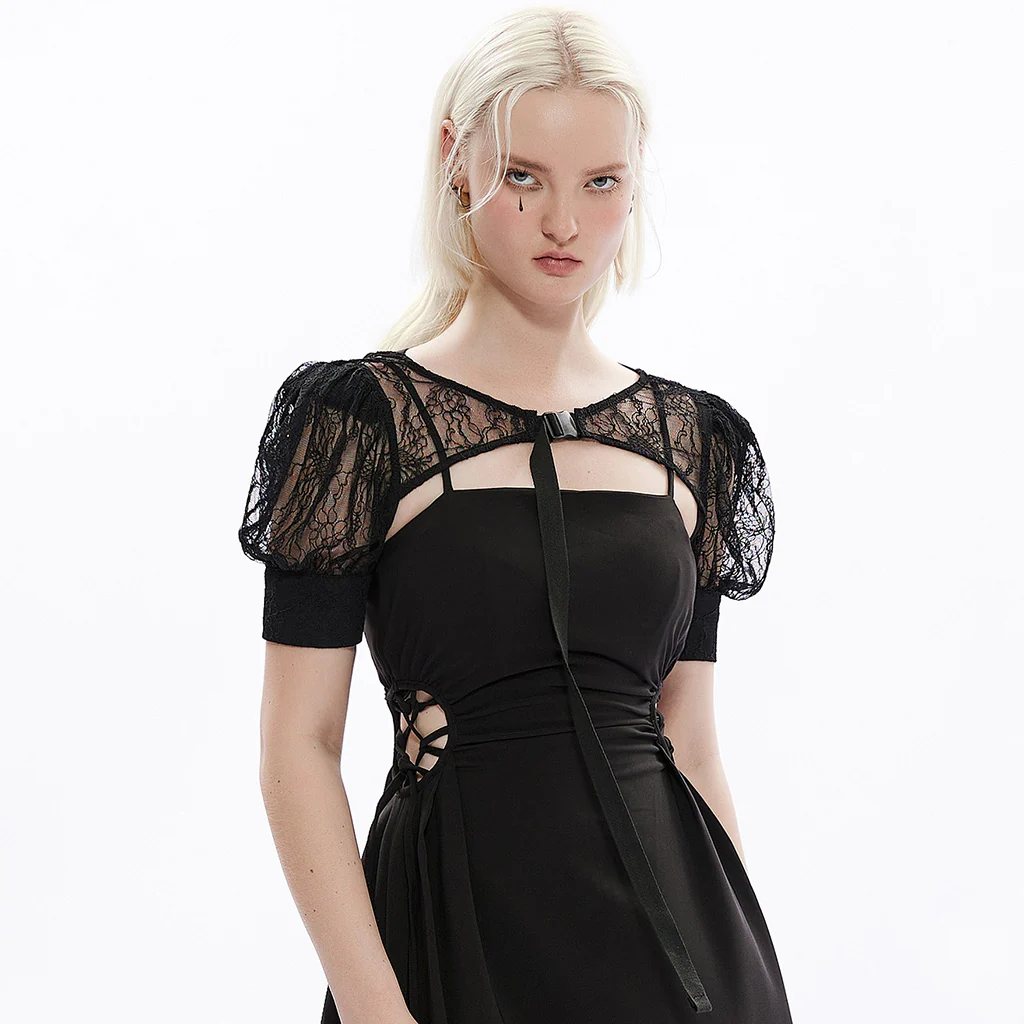 OPS-265QTF Gothic Lace Dress Cuffed Balloon Sleeves Crisscross Back Tie - Image 3