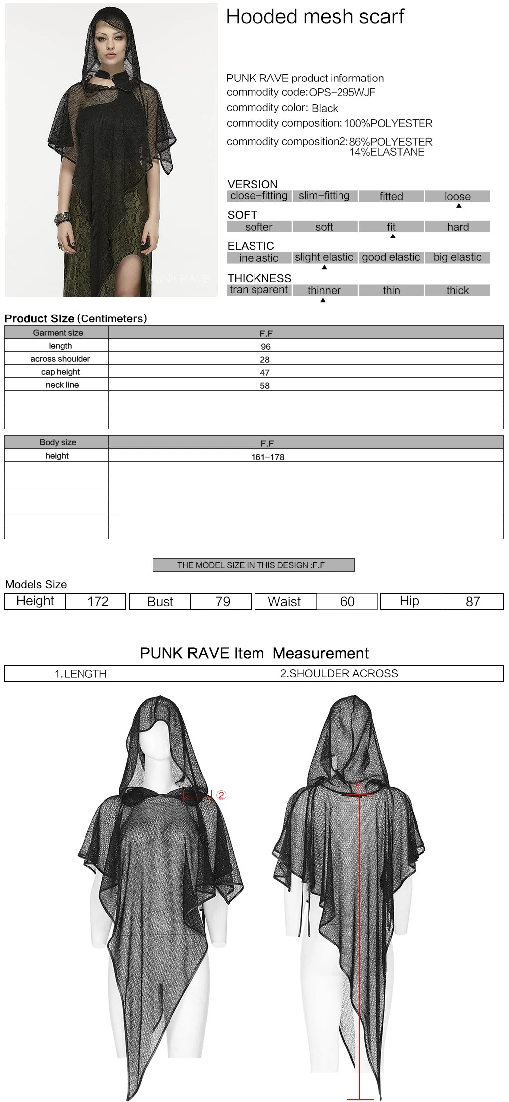 OPS-295WJF Gothic Accessories Oversized Mesh Hooded Cape Poncho Draped Design - Image 19
