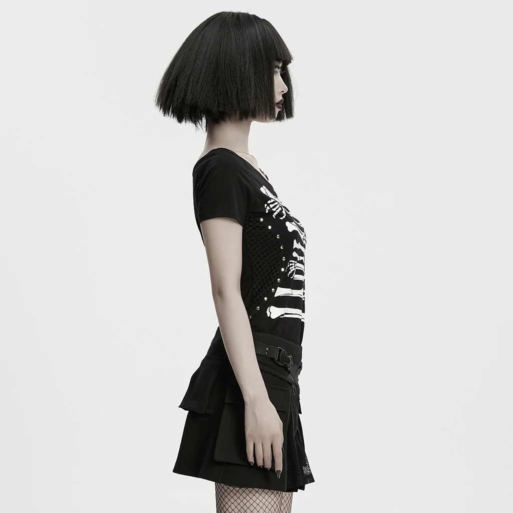 OPT-1001TDF Skeleton Print Cold Shoulder Punk T-Shirts with Buckle Strap - Image 4