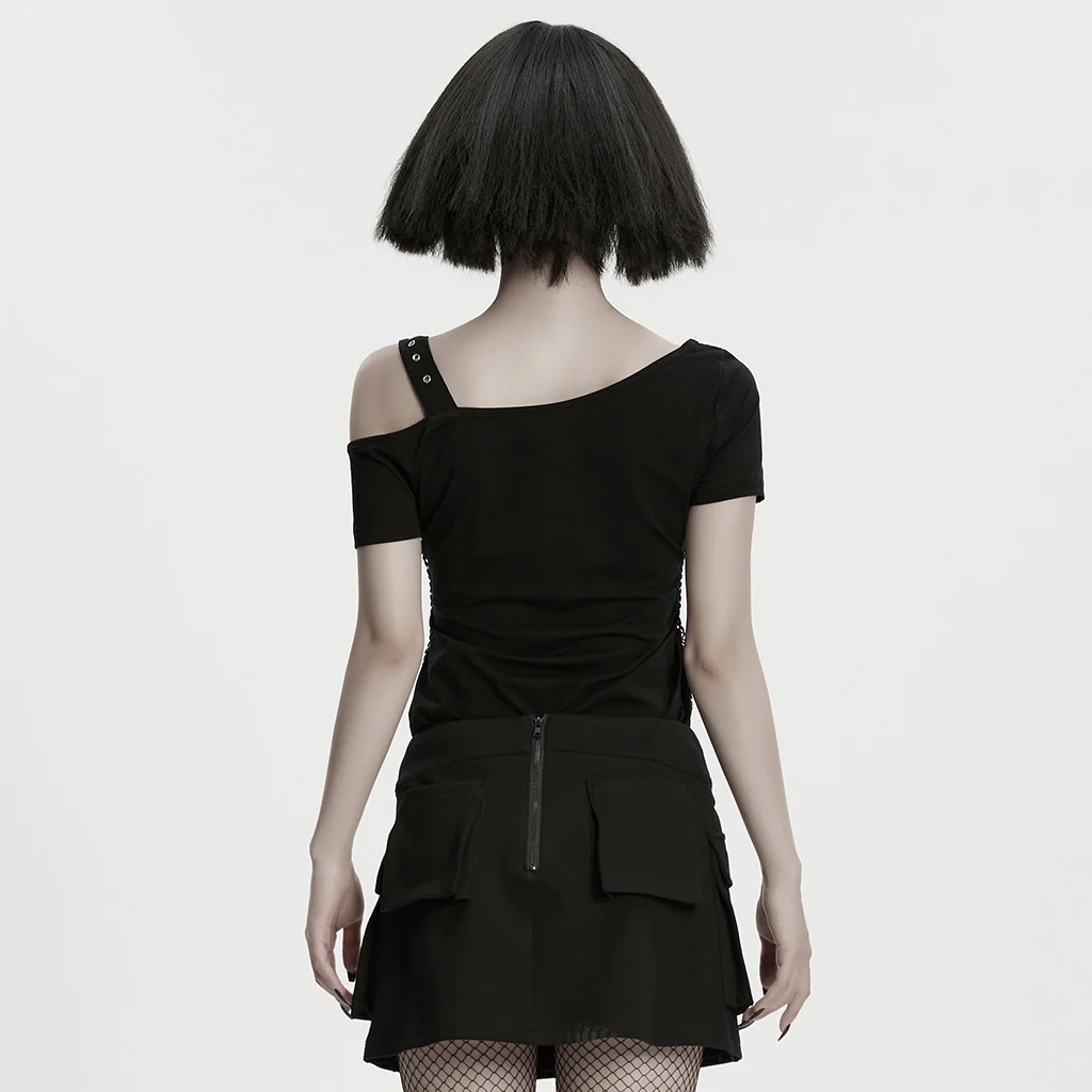 OPT-1001TDF Skeleton Print Cold Shoulder Punk T-Shirts with Buckle Strap - Image 5