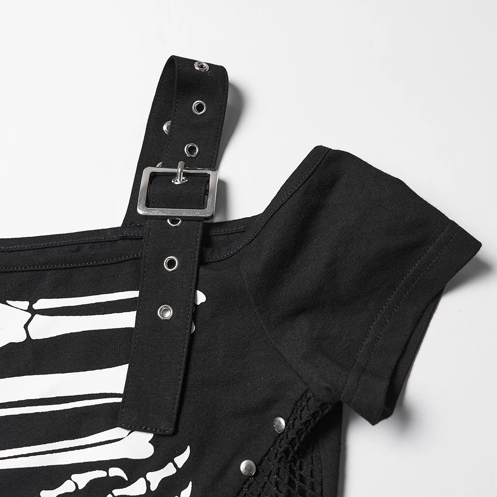 OPT-1001TDF Skeleton Print Cold Shoulder Punk T-Shirts with Buckle Strap - Image 7