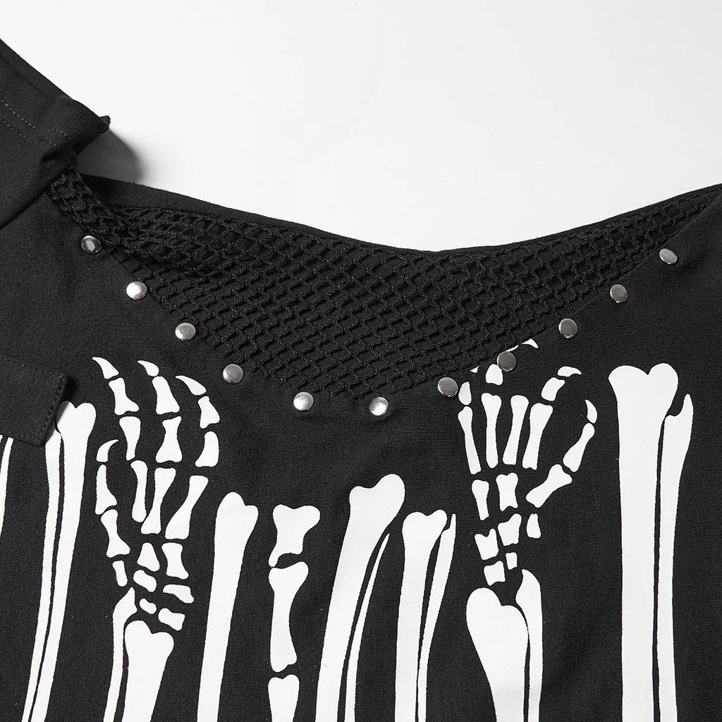 OPT-1001TDF Skeleton Print Cold Shoulder Punk T-Shirts with Buckle Strap - Image 9