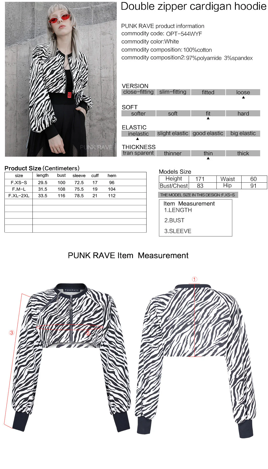 OPT-544DQF Gothic Crop Jacket Double Zipper Cropped Punk Hoodie - Image 30