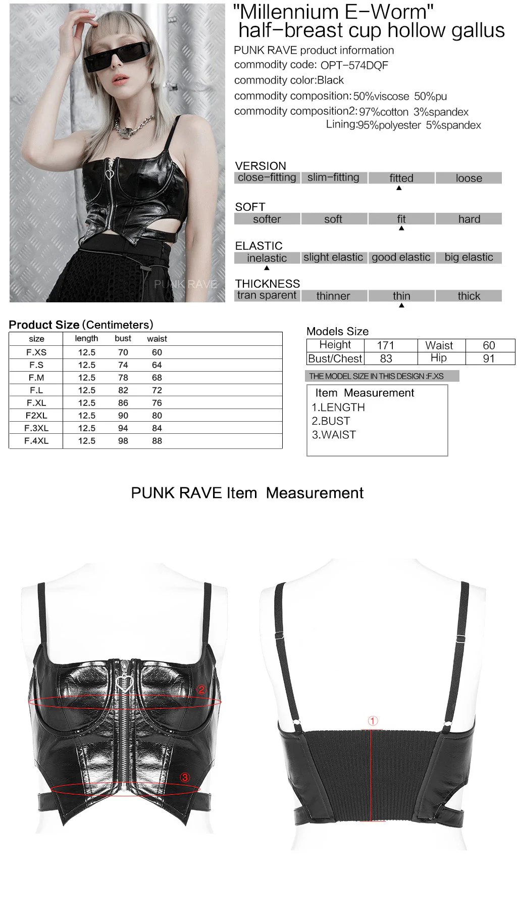 OPT-574DQF Sleek Black Punk Corset Half-Cup Zip Front Top - Image 25