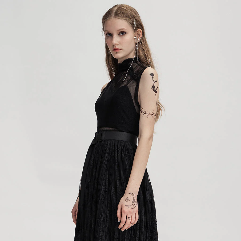 OPT-621BXF Gothic Mesh Elastic Black Vest with Belted Waist Design - Image 12
