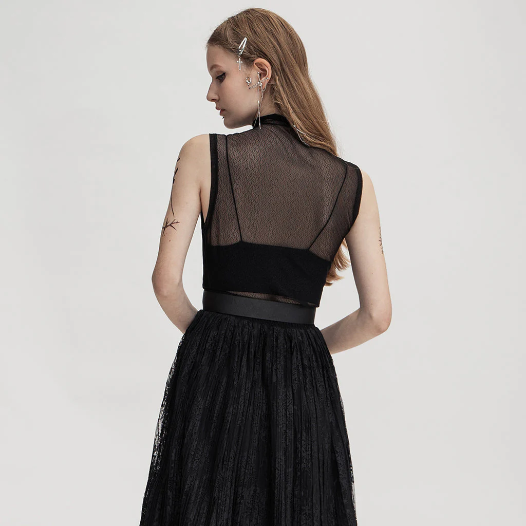 OPT-621BXF Gothic Mesh Elastic Black Vest with Belted Waist Design - Image 13