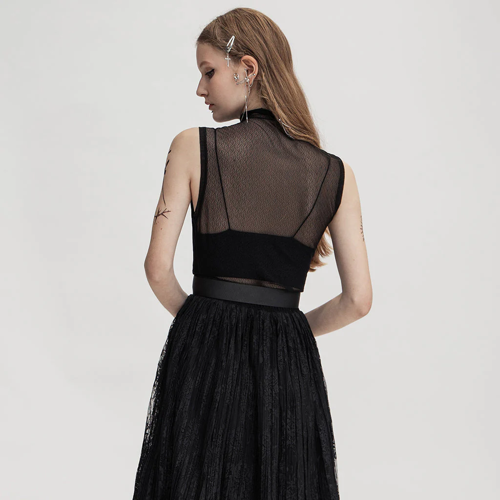 OPT-621BXF Gothic Mesh Elastic Black Vest with Belted Waist Design - Image 4