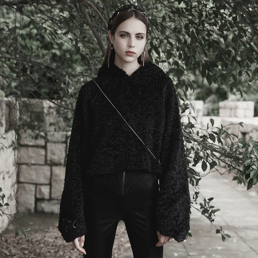 OPT-728WYF Gothic Punk Sweater with Flared Sleeves Hooded Cropped Design - Image 3