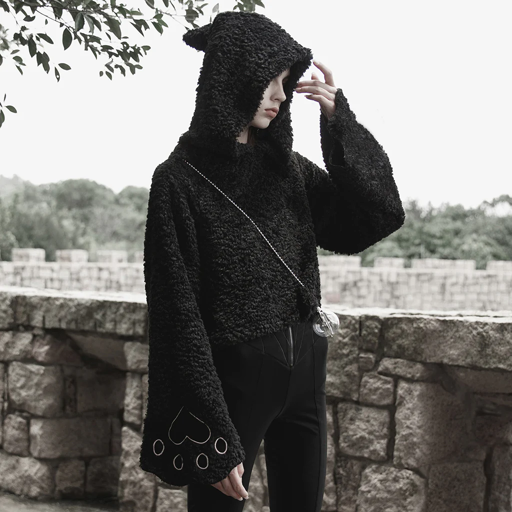OPT-728WYF Gothic Punk Sweater with Flared Sleeves Hooded Cropped Design - Image 4