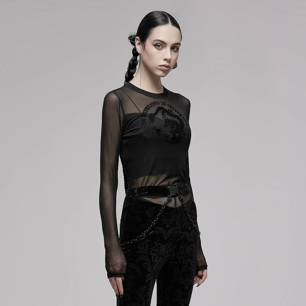 OPT-747DQF Edgy Black Mesh Long Sleeve Punk T-Shirt - Image 13