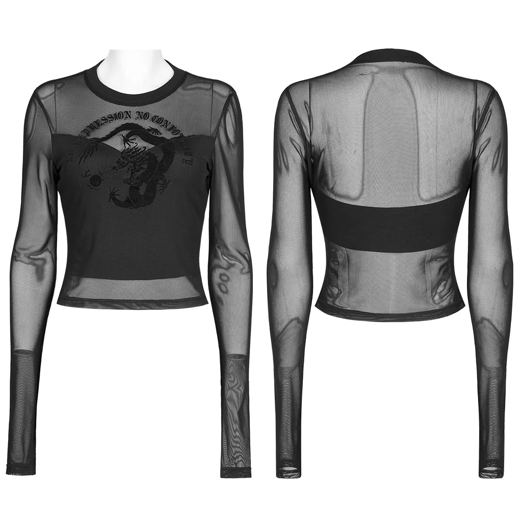 OPT-747DQF Edgy Black Mesh Long Sleeve Punk T-Shirt - Image 25