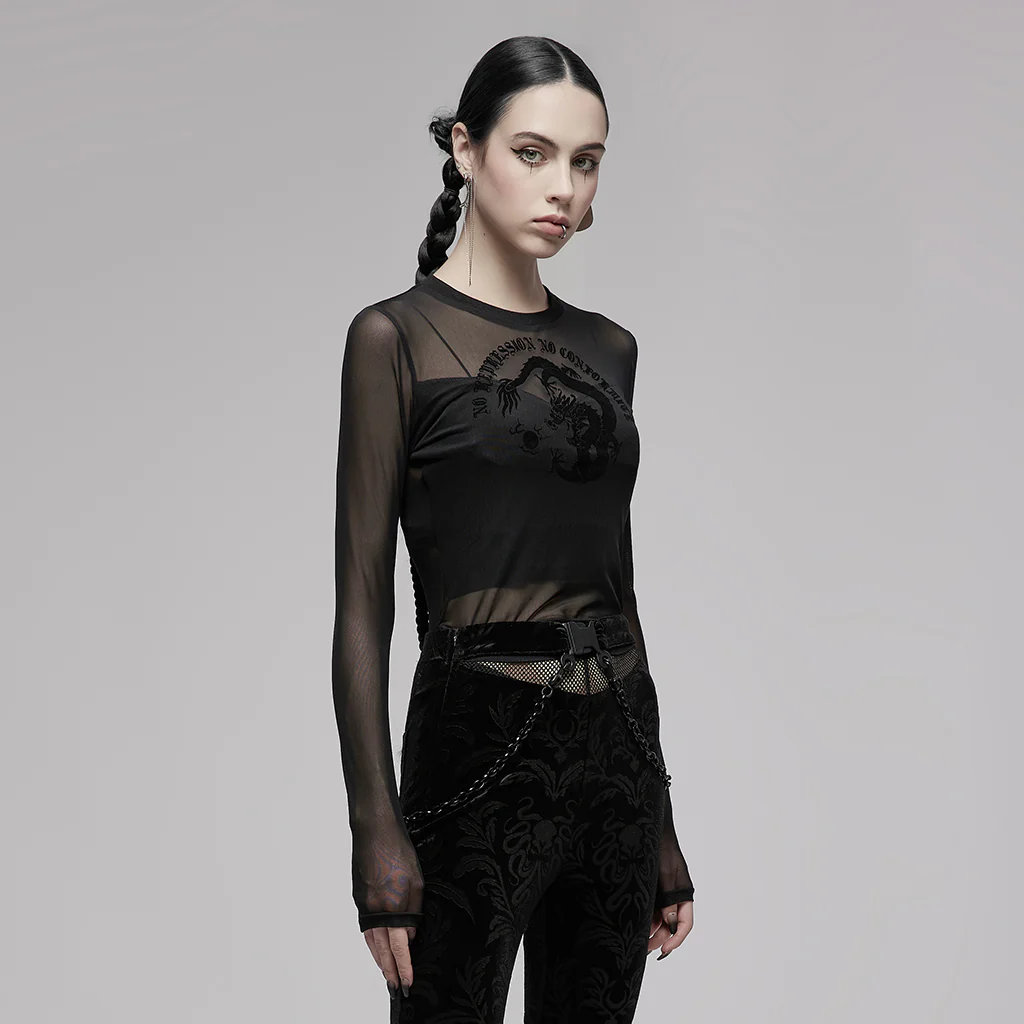 OPT-747DQF Edgy Black Mesh Long Sleeve Punk T-Shirt - Image 3