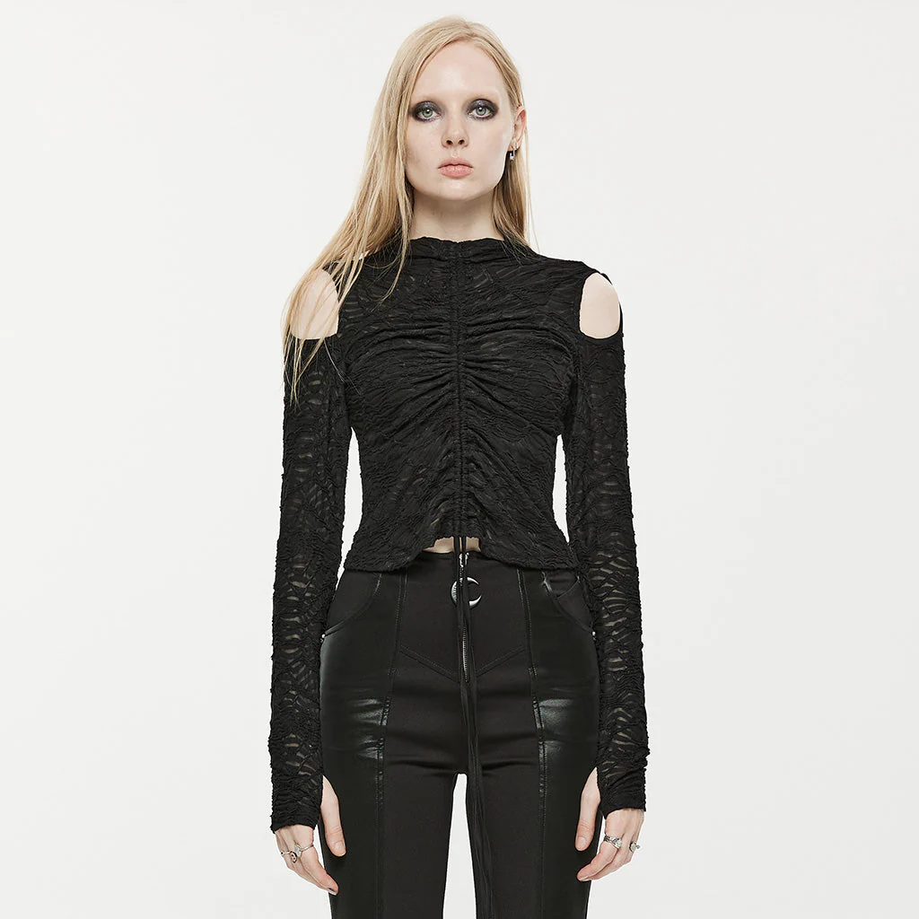 OPT-748DQF Gothic Chic Black Ruched Cutout Long Sleeve Punk Shirt - Image 20