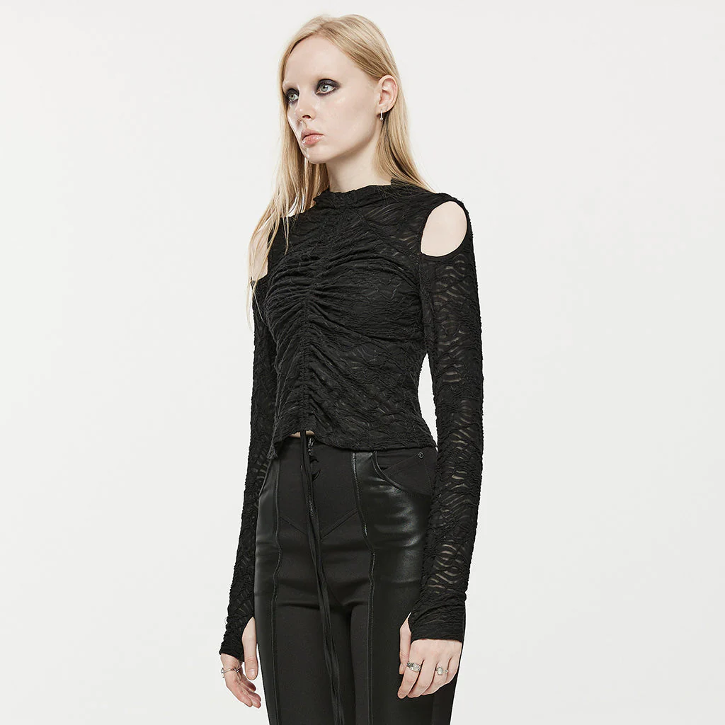 OPT-748DQF Gothic Chic Black Ruched Cutout Long Sleeve Punk Shirt - Image 22