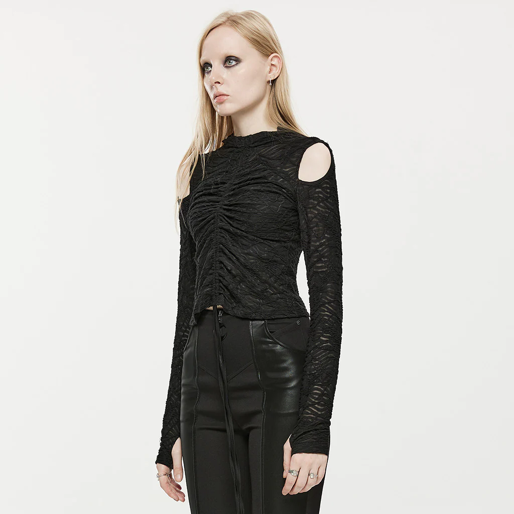 OPT-748DQF Gothic Chic Black Ruched Cutout Long Sleeve Punk Shirt - Image 3
