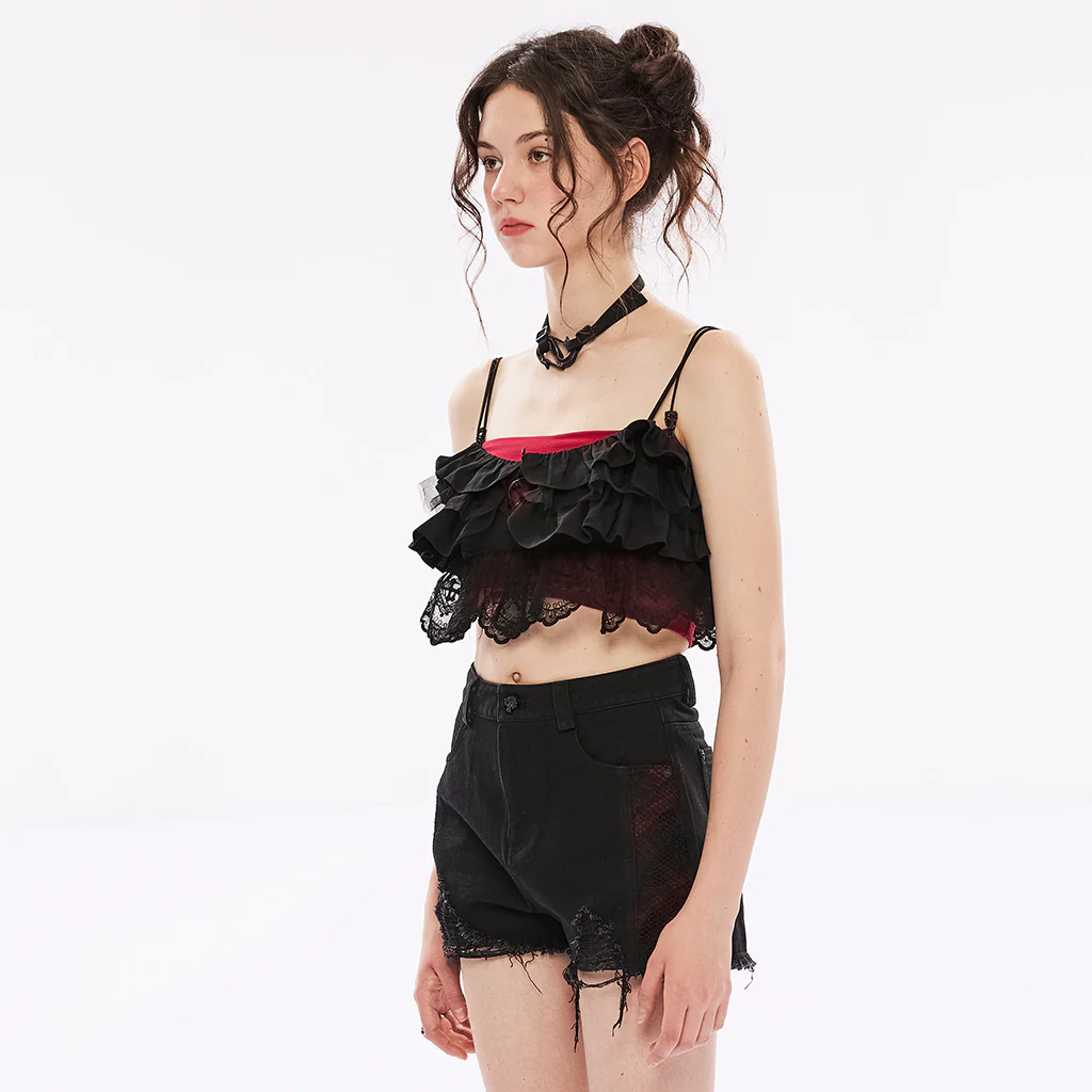 OPT-775DDF Edgy Lace Ruffle Crop Punk Shirts Gothic Style Top Edgy Ruffled Lace Crop Top Punk Shirts Fashion Statement - Image 3
