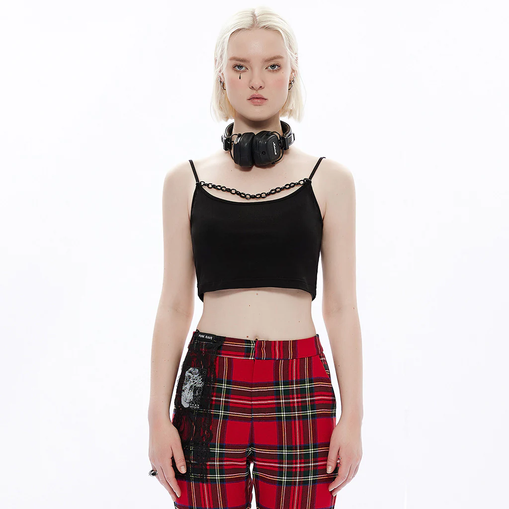 OPT-778DDF Black Chain Detail Crop Top Punk Shirts Style Chain Accent Crop Punk Shirt Black Red Plaid Pants Combo