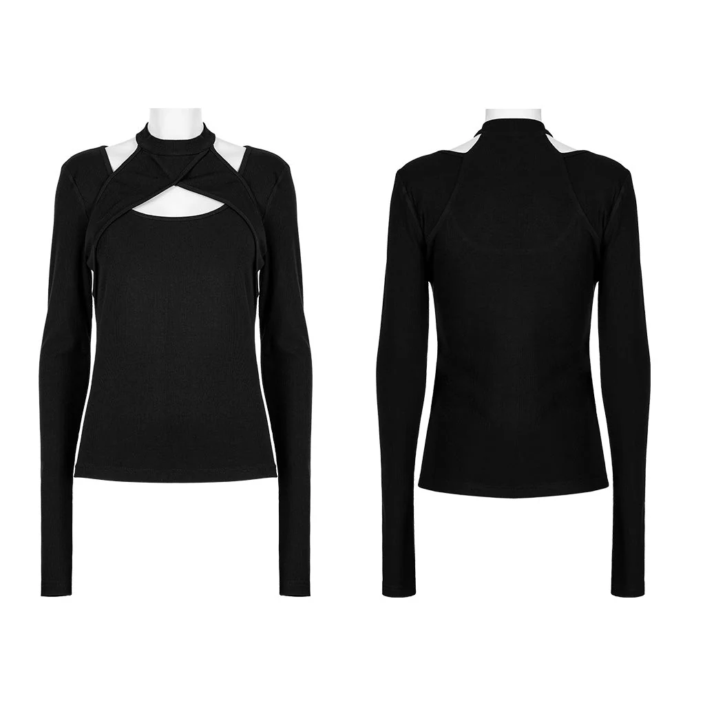 OPT-803TCF Chic Cutout Punk T-Shirt Cross Hollow Long Sleeve - Image 6