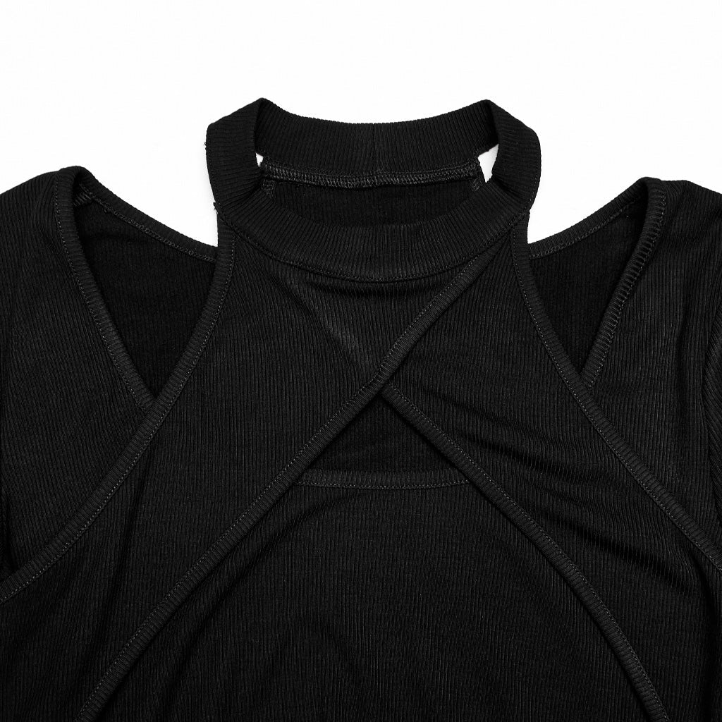 OPT-803TCF Chic Cutout Punk T-Shirt Cross Hollow Long Sleeve - Image 7