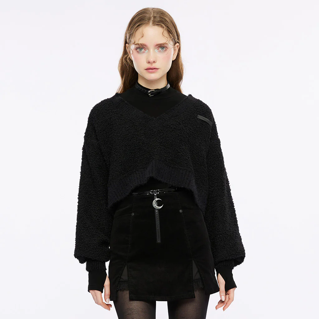 OPT-809TCF Edgy Black V-neck Punk Sweater with Textured Loose Fit