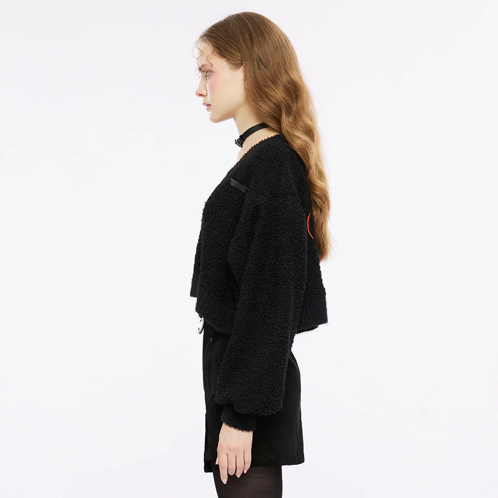 OPT-809TCF Edgy Black V-neck Punk Sweater with Textured Loose Fit - Image 3