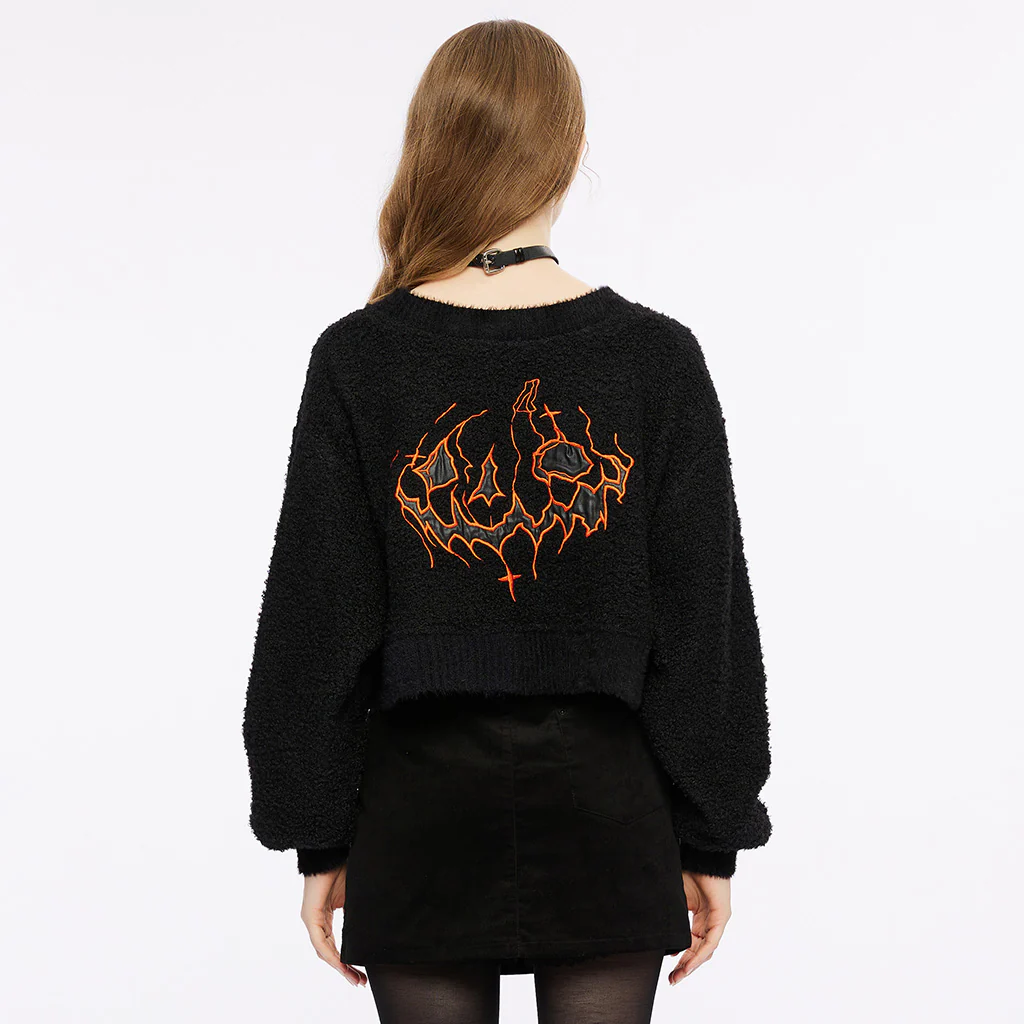 OPT-809TCF Edgy Black V-neck Punk Sweater with Textured Loose Fit - Image 4