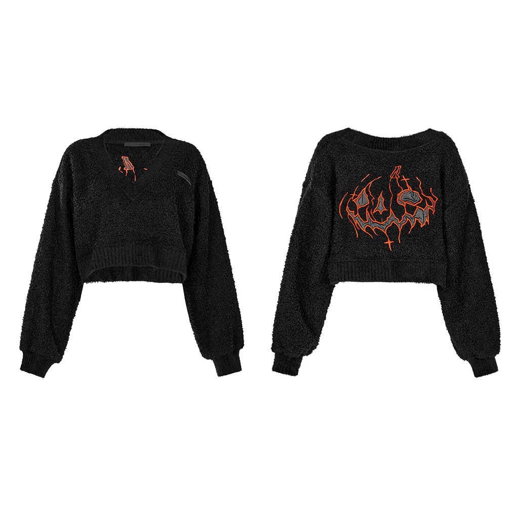 OPT-809TCF Edgy Black V-neck Punk Sweater with Textured Loose Fit - Image 6