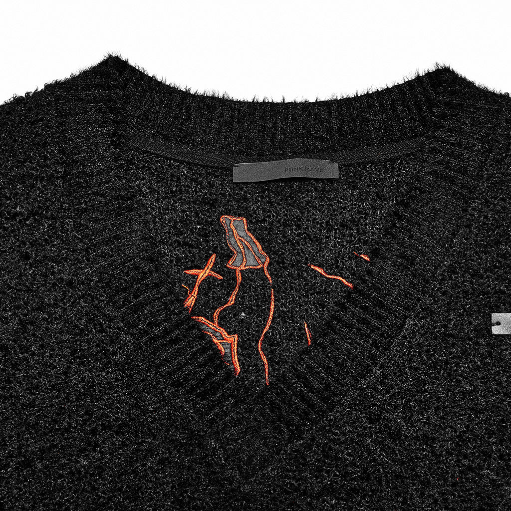 OPT-809TCF Edgy Black V-neck Punk Sweater with Textured Loose Fit - Image 7