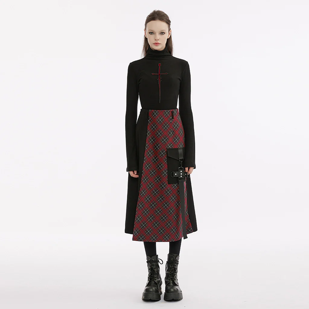 OPT-828TCF Gothic Shirts Cross Design Flared Sleeves Plaid Accent Top - Image 3