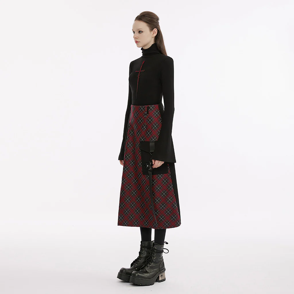 OPT-828TCF Gothic Shirts Cross Design Flared Sleeves Plaid Accent Top - Image 4