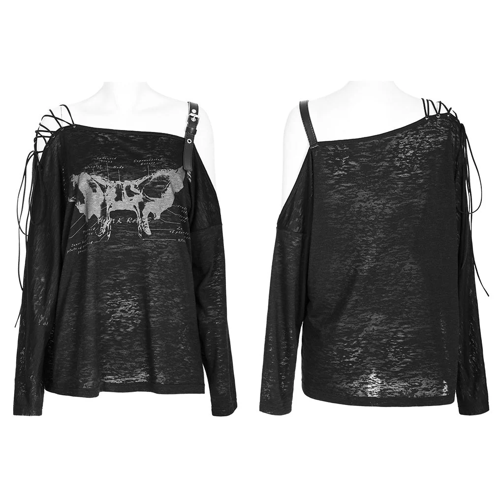 OPT-846TCF Punk Off-Shoulder Asymmetrical Graphic Long Sleeve T-Shirt Black - Image 25