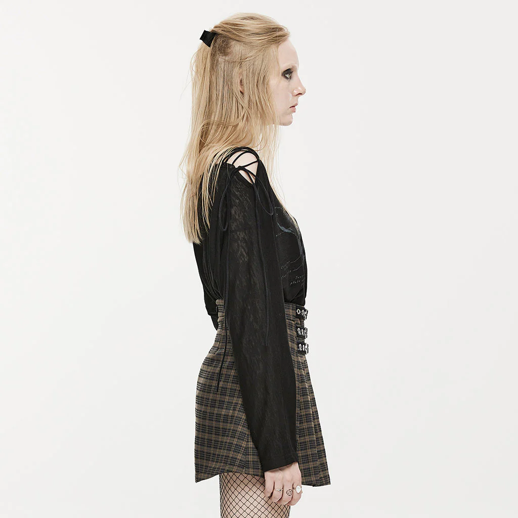 OPT-846TCF Punk Off-Shoulder Asymmetrical Graphic Long Sleeve T-Shirt Black - Image 3