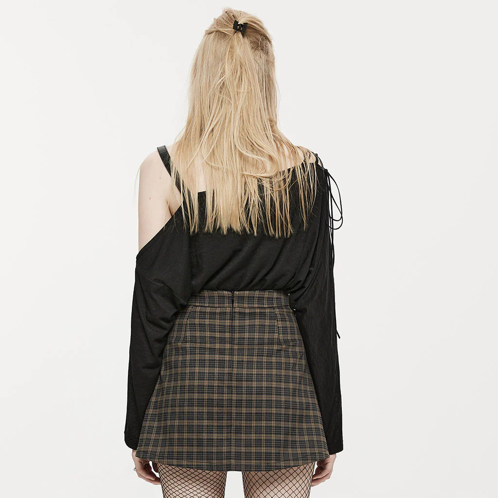OPT-846TCF Punk Off-Shoulder Asymmetrical Graphic Long Sleeve T-Shirt Black - Image 4