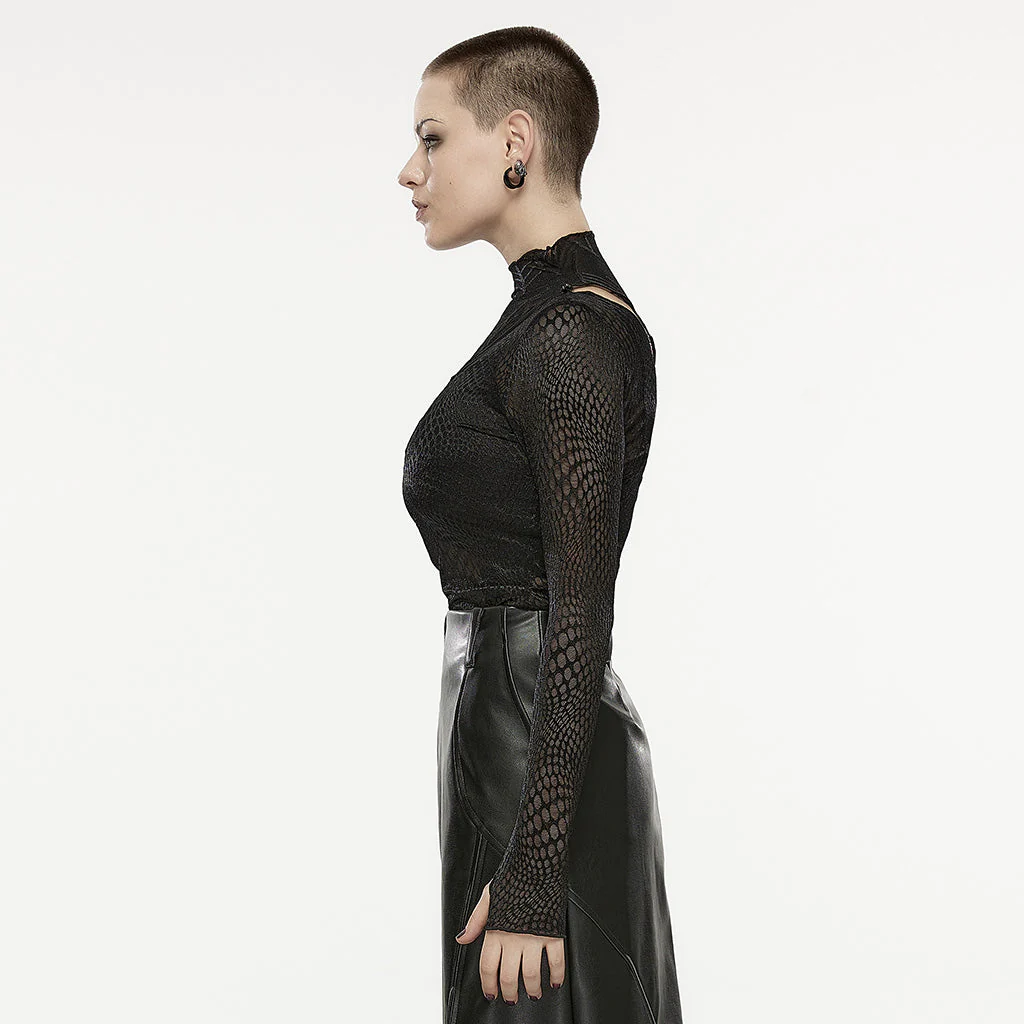 OPT-857TCF Edgy Asymmetrical Mesh Patchwork Punk T-Shirt - Image 3