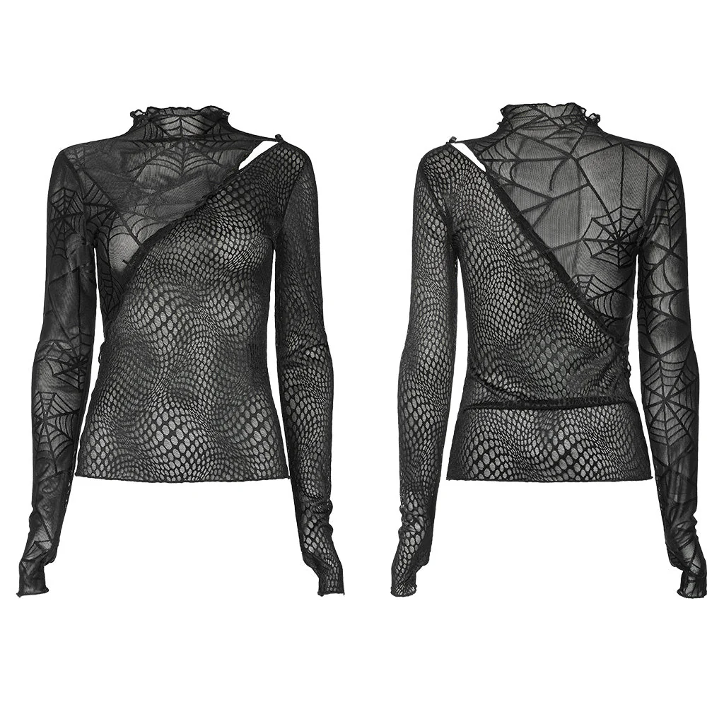 OPT-857TCF Edgy Asymmetrical Mesh Patchwork Punk T-Shirt - Image 6