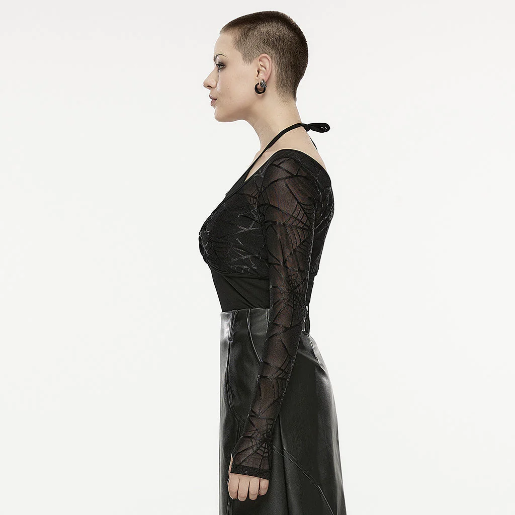 OPT-858TCF Gothic Halterneck Long Sleeve Mesh Punk T-Shirt - Image 3