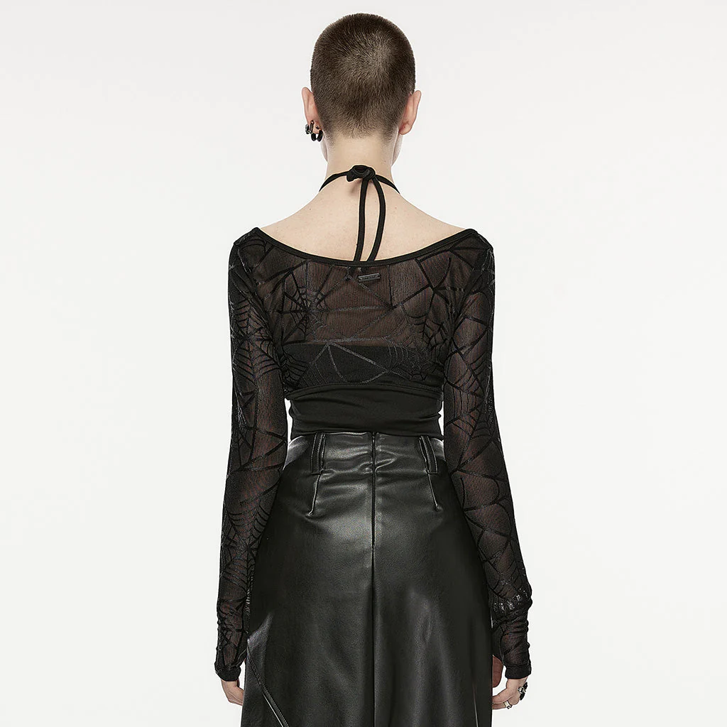 OPT-858TCF Gothic Halterneck Long Sleeve Mesh Punk T-Shirt - Image 4