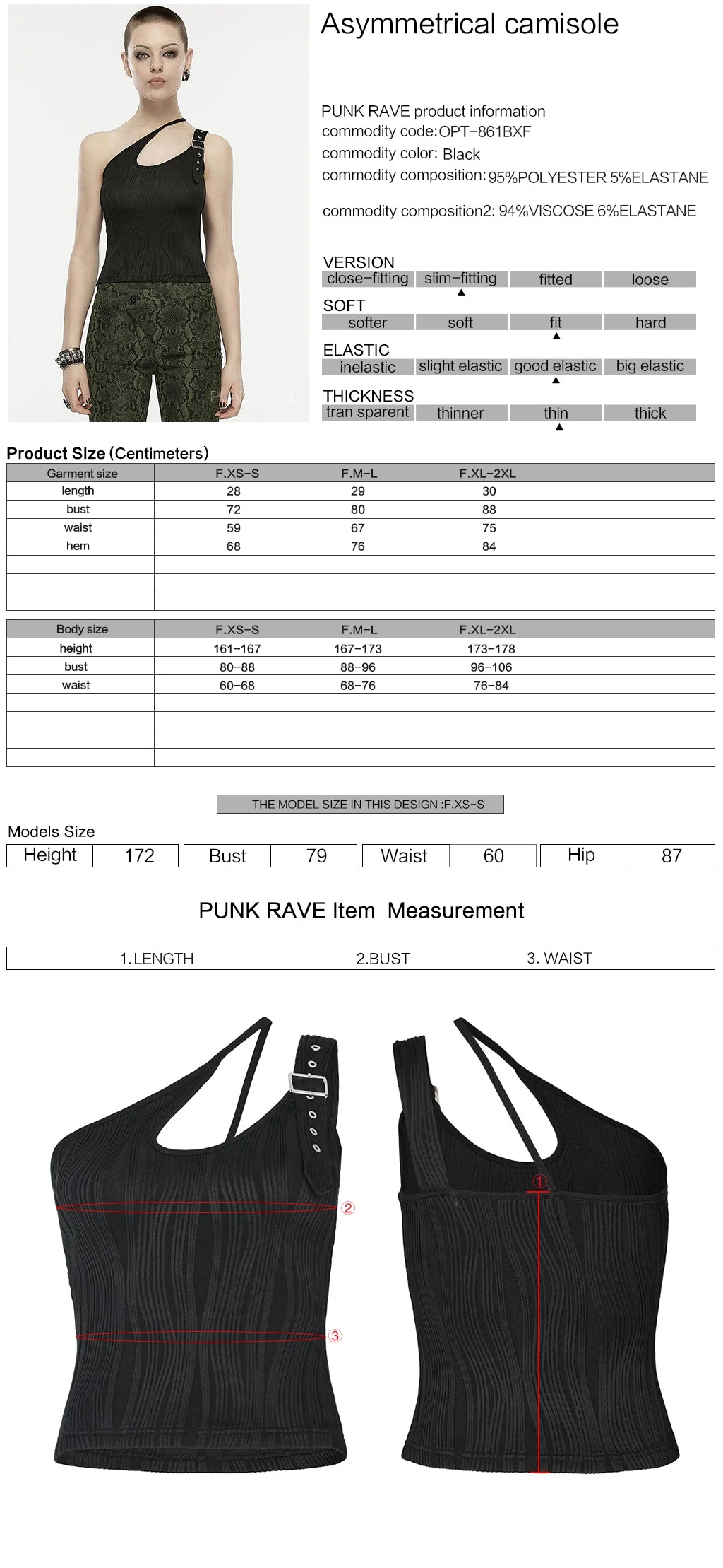 OPT-861BXF Black Asymmetrical Buckle Strap Ribbed Punk Shirts for Women - Image 10