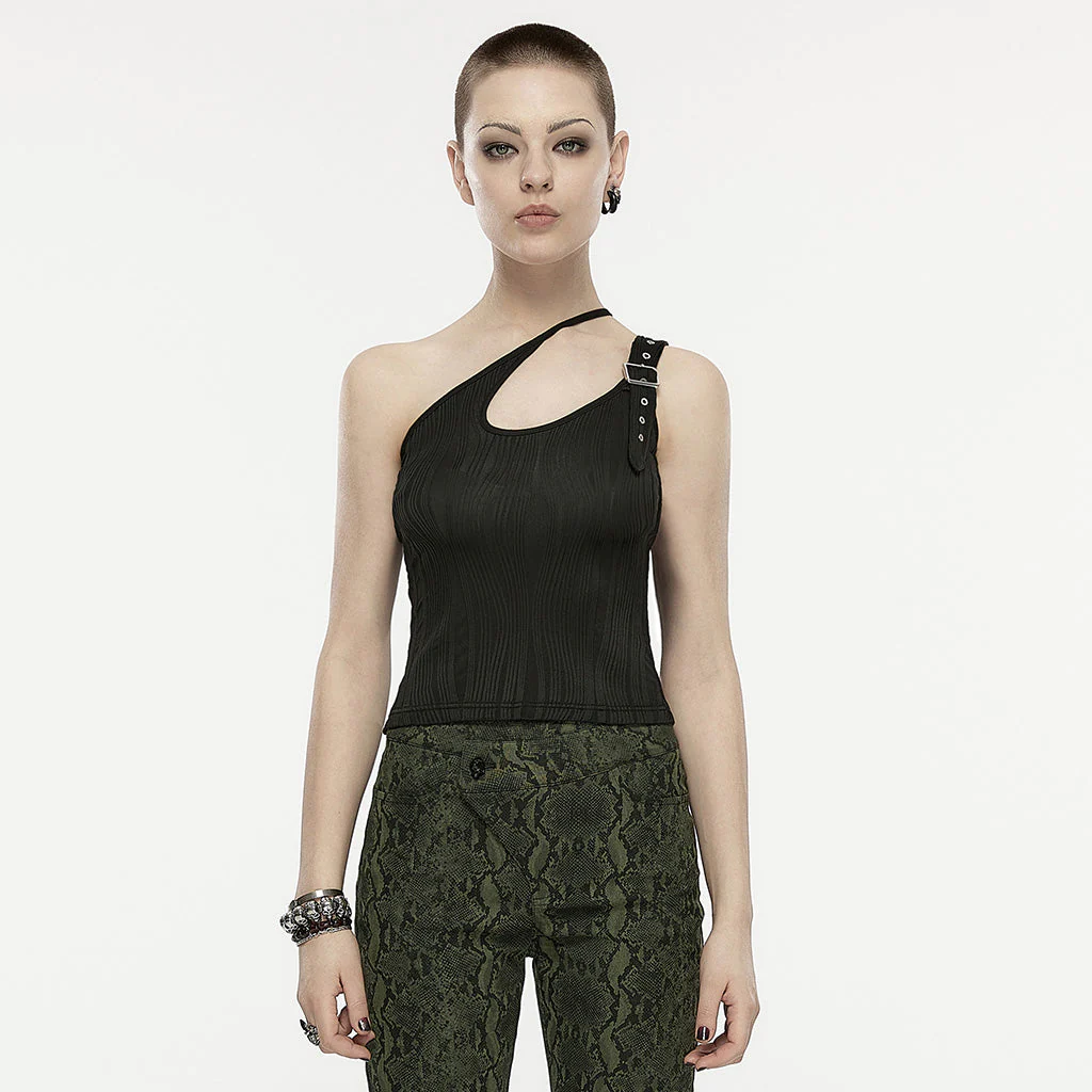 OPT-861BXF Black Asymmetrical Buckle Strap Ribbed Punk Shirts for Women - Image 11