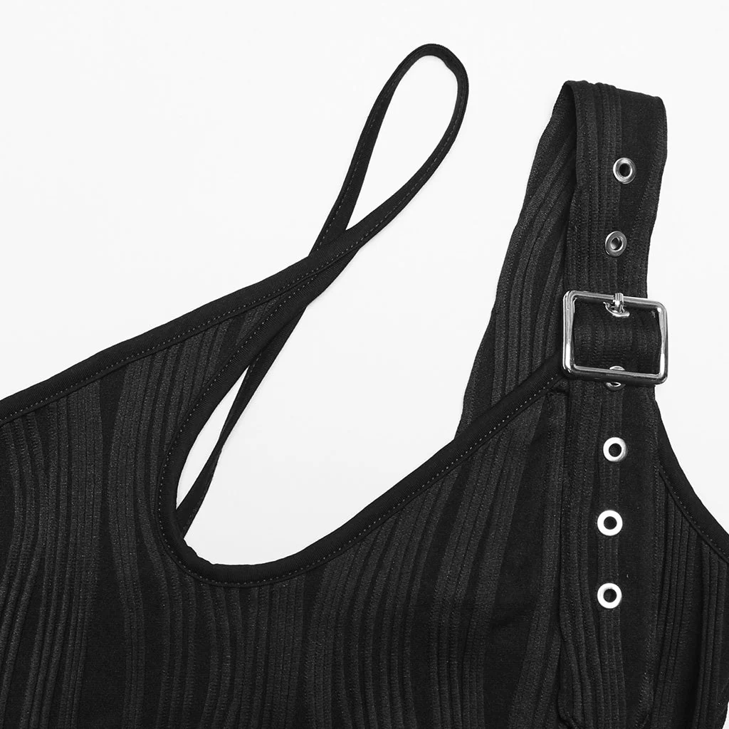 OPT-861BXF Black Asymmetrical Buckle Strap Ribbed Punk Shirts for Women - Image 14