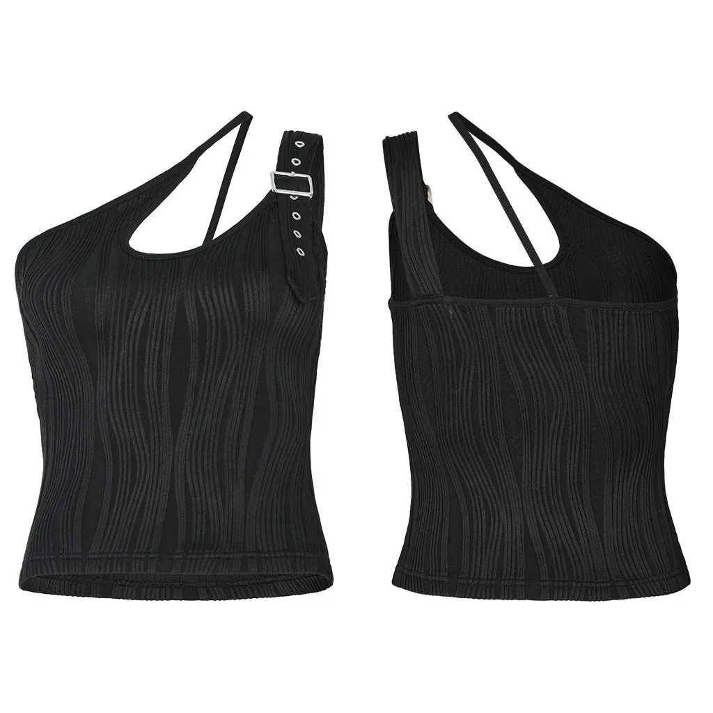 OPT-861BXF Black Asymmetrical Buckle Strap Ribbed Punk Shirts for Women - Image 16