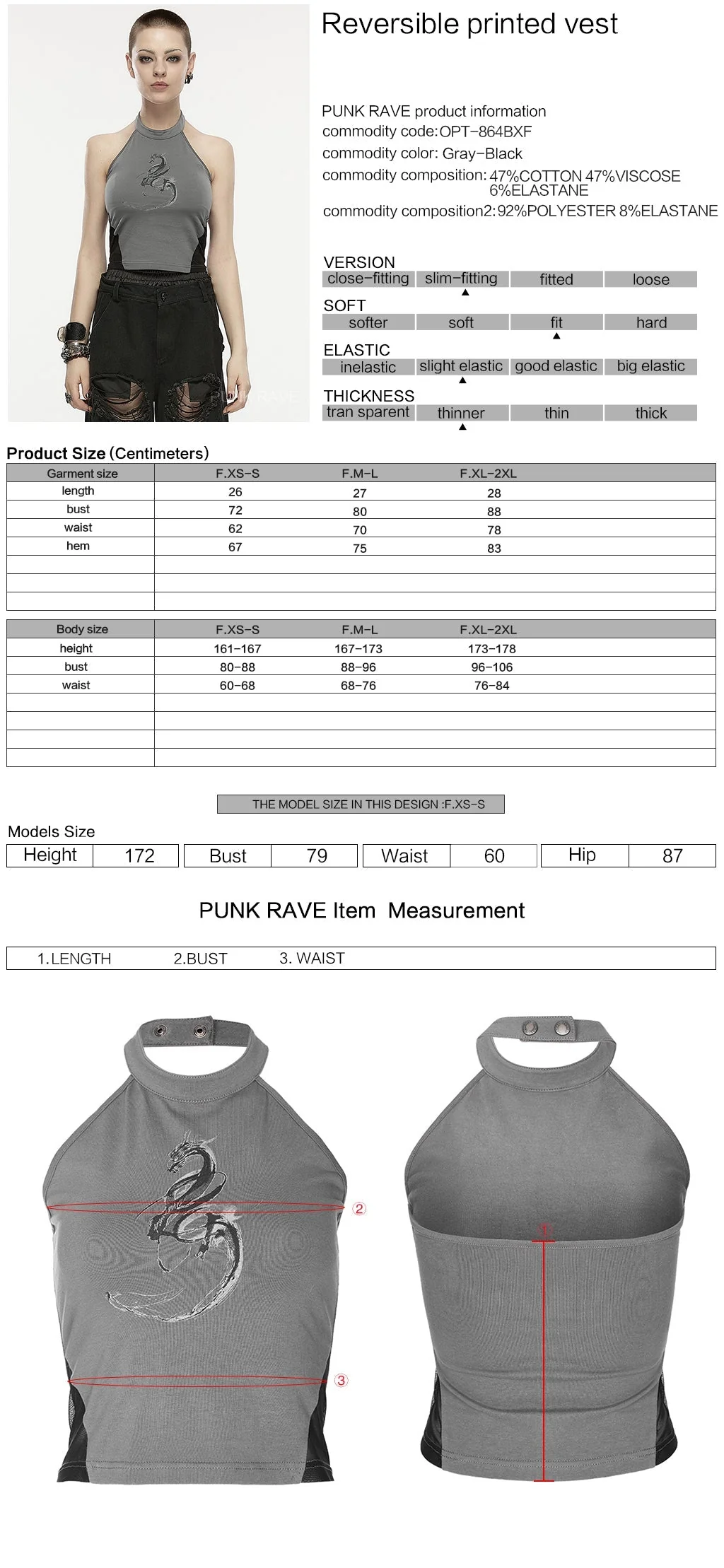 OPT-864BXF Dragon Graphic Gray Black Reversible Punk Vest - Image 22