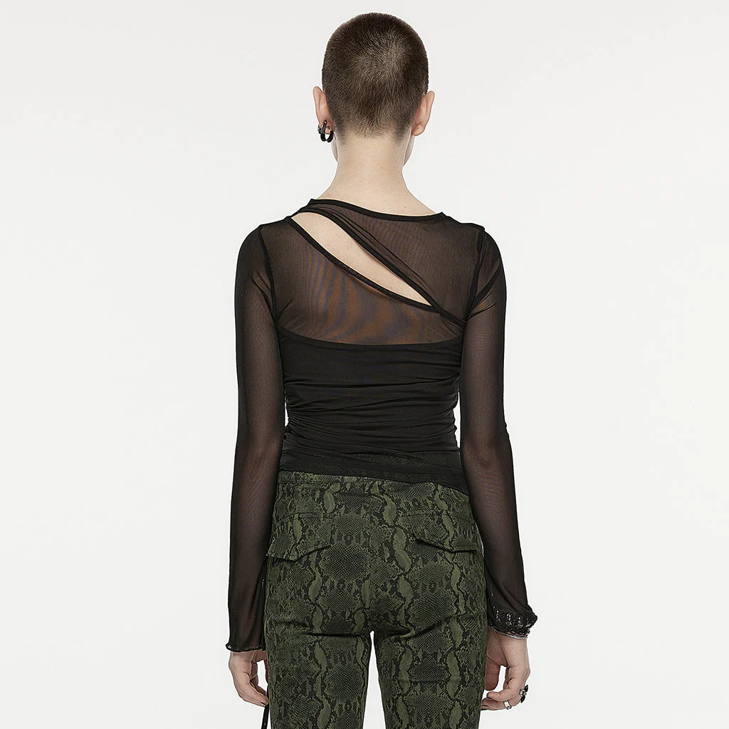 OPT-866TCF Gothic Oblique Slit Mesh Long-Sleeve Punk T-Shirt - Image 4
