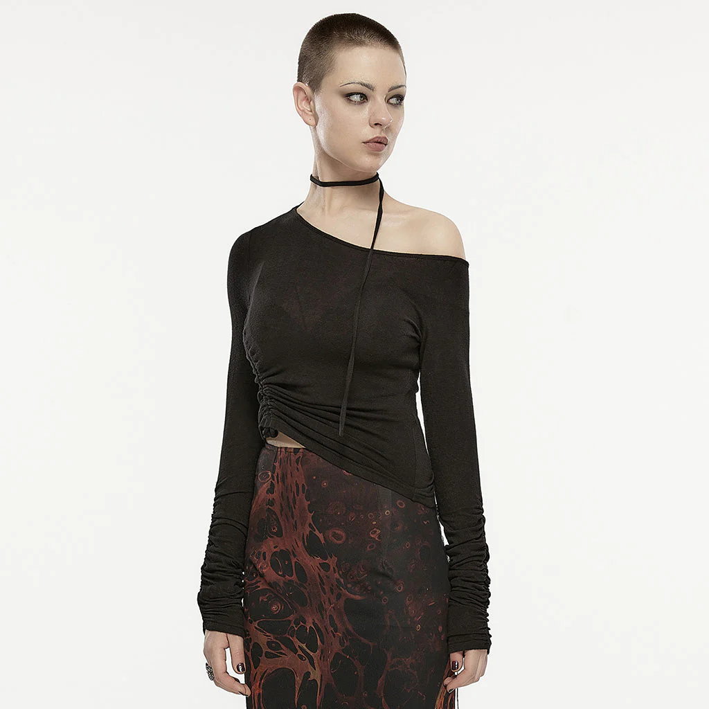 OPT-872TCF Asymmetric Slant Neck Ruched Long Sleeve Punk Shirt - Image 11
