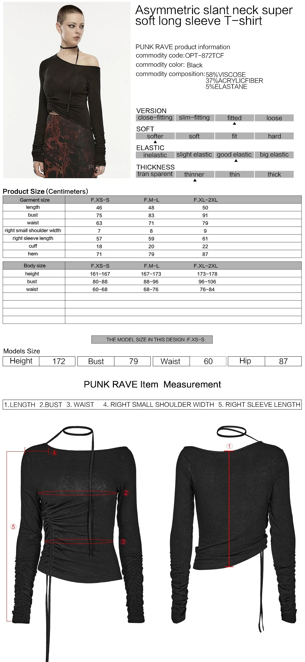 OPT-872TCF Asymmetric Slant Neck Ruched Long Sleeve Punk Shirt - Image 2