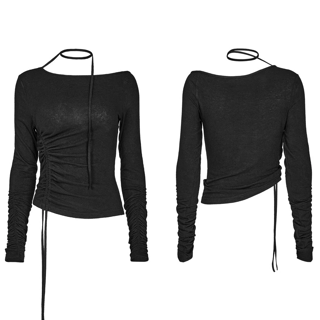OPT-872TCF Asymmetric Slant Neck Ruched Long Sleeve Punk Shirt - Image 26