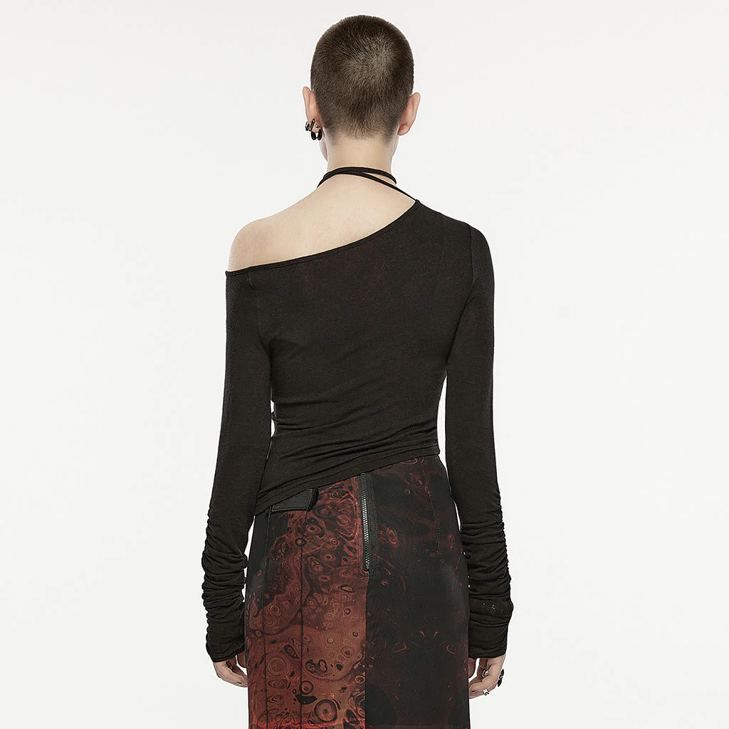 OPT-872TCF Asymmetric Slant Neck Ruched Long Sleeve Punk Shirt - Image 4