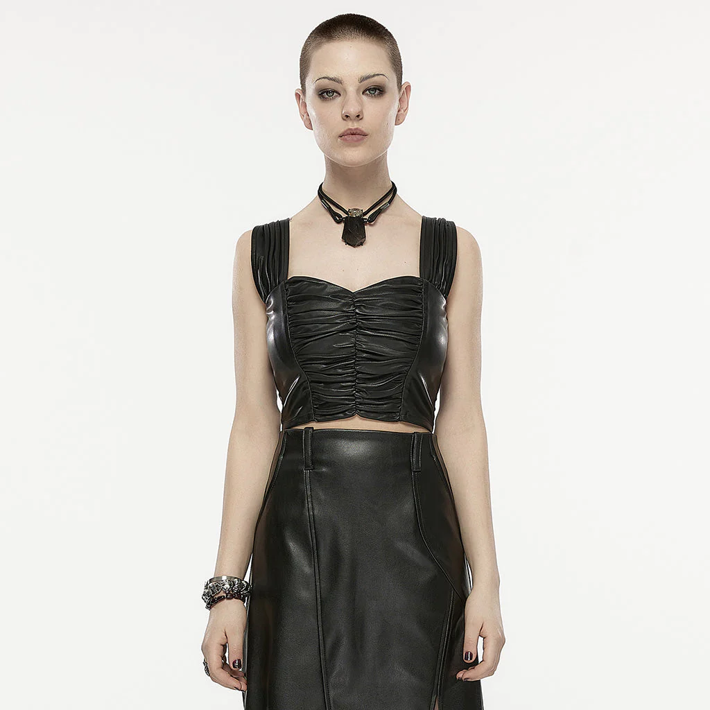 OPT-874BXF Edgy Pleated Faux Leather Punk Crop Vest - Image 11