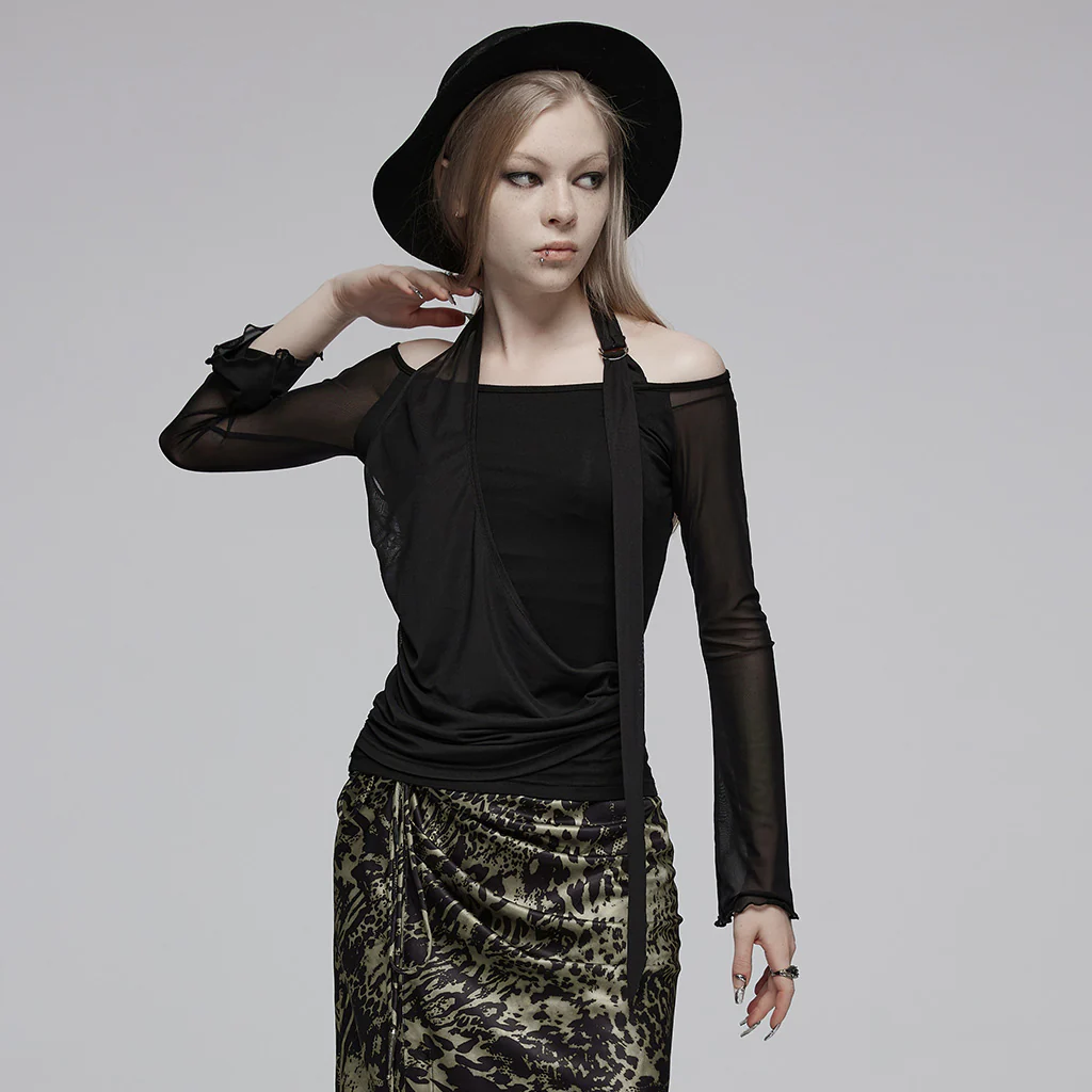 OPT-883TCF Gothic Mesh Long Sleeve Halter Top Punk Shirts - Image 3